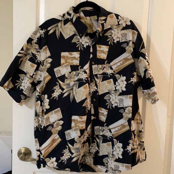 Royal Palm Men’s XL (46/48) Short Sleeve Cotton Black Tan Hawaiian Print Shirt - Picture 3 of 11